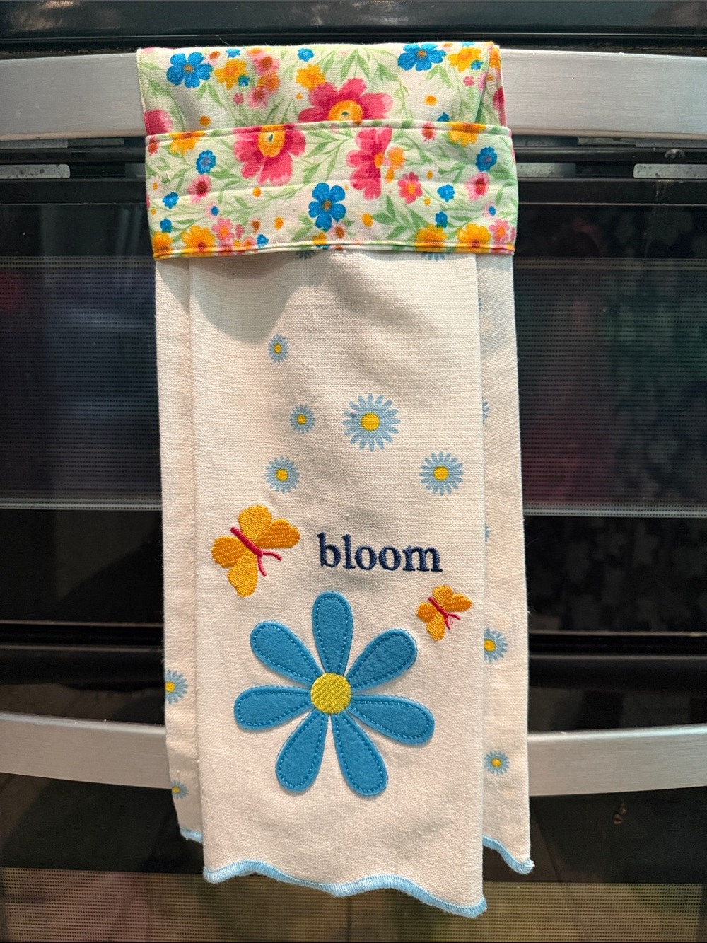 Floral 'Bloom' Kitchen Towel with Blue Daisy & Butterflies handmade